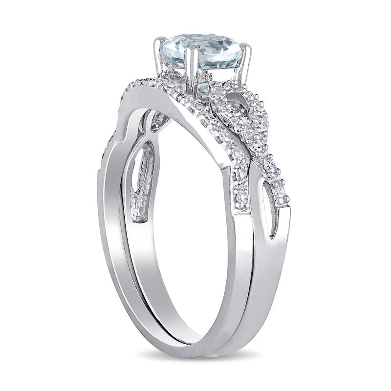 6.0mm Aquamarine and 0.17 CT. T.W. Natural Diamond Infinity Shank Bridal Engagement Ring Set in Solid 10K White Gold