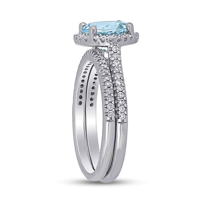 8.0mm Aquamarine and 0.33 CT. T.W. Natural Diamond Frame Bridal Engagement Ring Set in Solid 14K White Gold