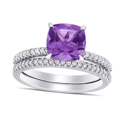 8.0mm Cushion-Cut Amethyst and 0.25 CT. T.W. Natural Diamond Bridal Engagement Ring Set in Solid 14K White Gold