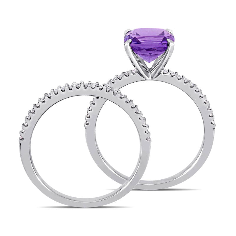 8.0mm Cushion-Cut Amethyst and 0.25 CT. T.W. Natural Diamond Bridal Engagement Ring Set in Solid 14K White Gold