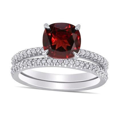 8.0mm Cushion-Cut Garnet and 0.25 CT. T.W. Natural Diamond Bridal Engagement Ring Set in Solid 14K White Gold