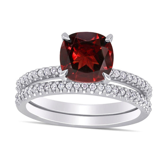 8.0mm Cushion-Cut Garnet and 0.25 CT. T.W. Natural Diamond Bridal Engagement Ring Set in Solid 14K White Gold