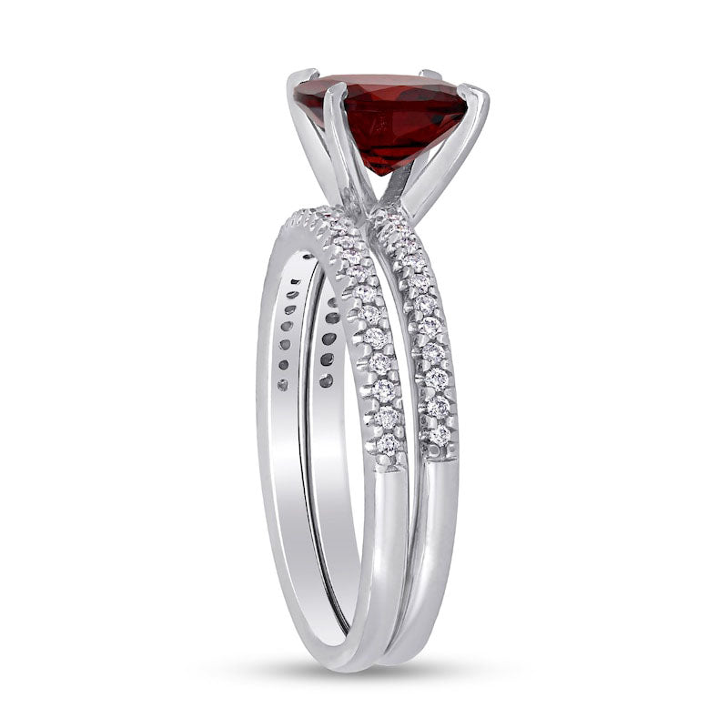 8.0mm Cushion-Cut Garnet and 0.25 CT. T.W. Natural Diamond Bridal Engagement Ring Set in Solid 14K White Gold