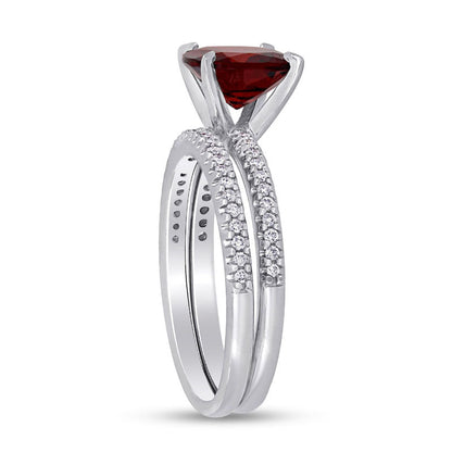 8.0mm Cushion-Cut Garnet and 0.25 CT. T.W. Natural Diamond Bridal Engagement Ring Set in Solid 14K White Gold
