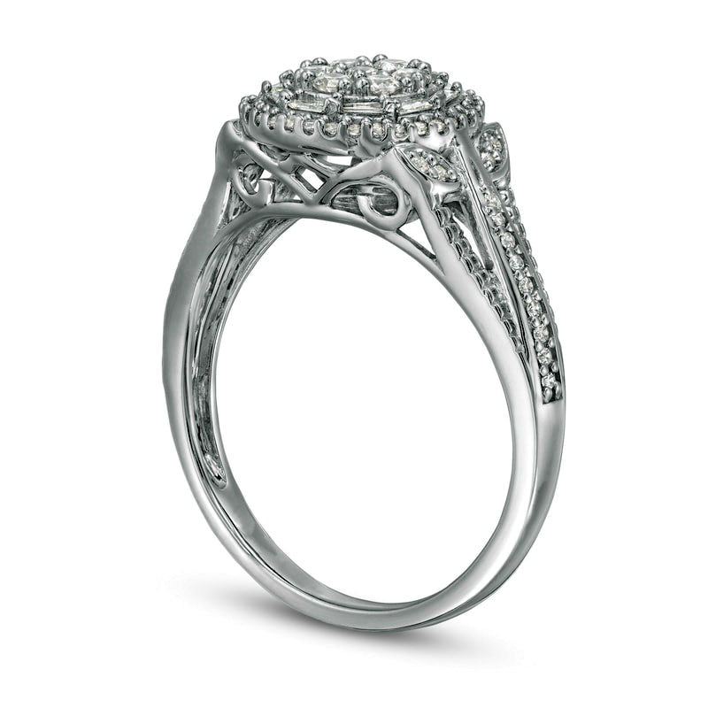 0.50 CT. T.W. Composite Natural Diamond Frame Leaf-Sides Split Shank Engagement Ring in Sterling Silver