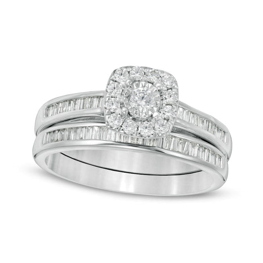 0.50 CT. T.W. Baguette and Round Natural Diamond Cushion Frame Bridal Engagement Ring Set in Solid 10K White Gold