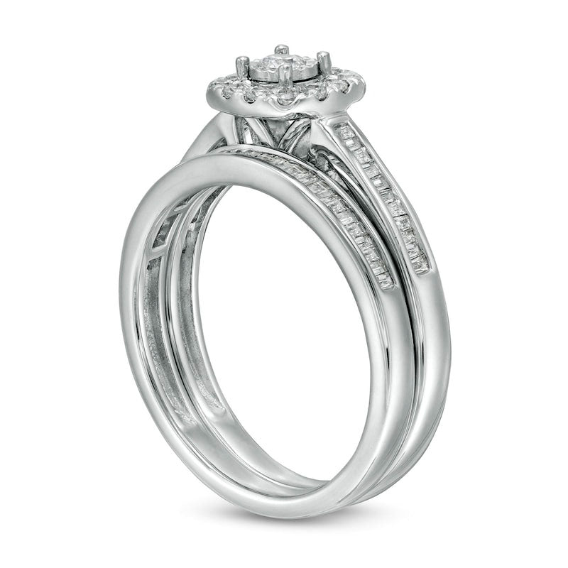 0.50 CT. T.W. Baguette and Round Natural Diamond Cushion Frame Bridal Engagement Ring Set in Solid 10K White Gold