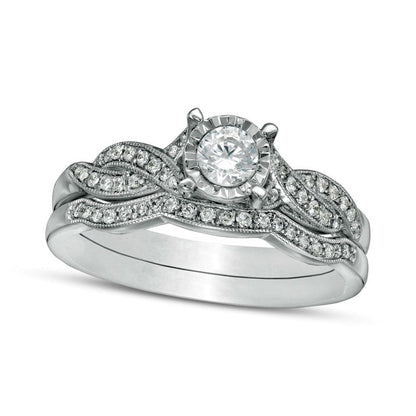 0.38 CT. T.W. Natural Diamond Bypass Antique Vintage-Style Bridal Engagement Ring Set in Solid 10K White Gold