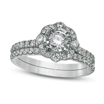 1.0 CT. T.W. Natural Diamond Ornate Frame Antique Vintage-Style Bridal Engagement Ring Set in Solid 10K White Gold