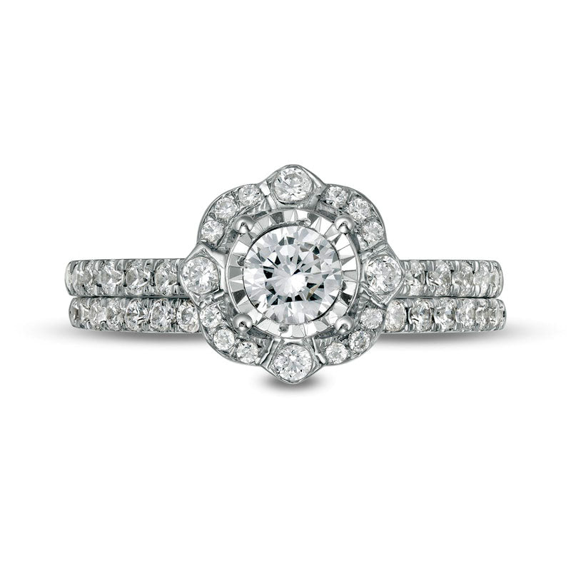 1.0 CT. T.W. Natural Diamond Ornate Frame Antique Vintage-Style Bridal Engagement Ring Set in Solid 10K White Gold