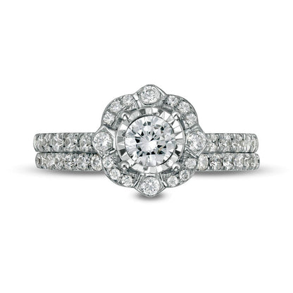 1.0 CT. T.W. Natural Diamond Ornate Frame Antique Vintage-Style Bridal Engagement Ring Set in Solid 10K White Gold