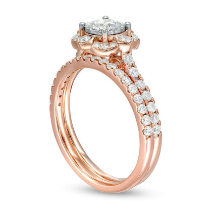 1.0 CT. T.W. Natural Diamond Ornate Frame Antique Vintage-Style Bridal Engagement Ring Set in Solid 10K Rose Gold