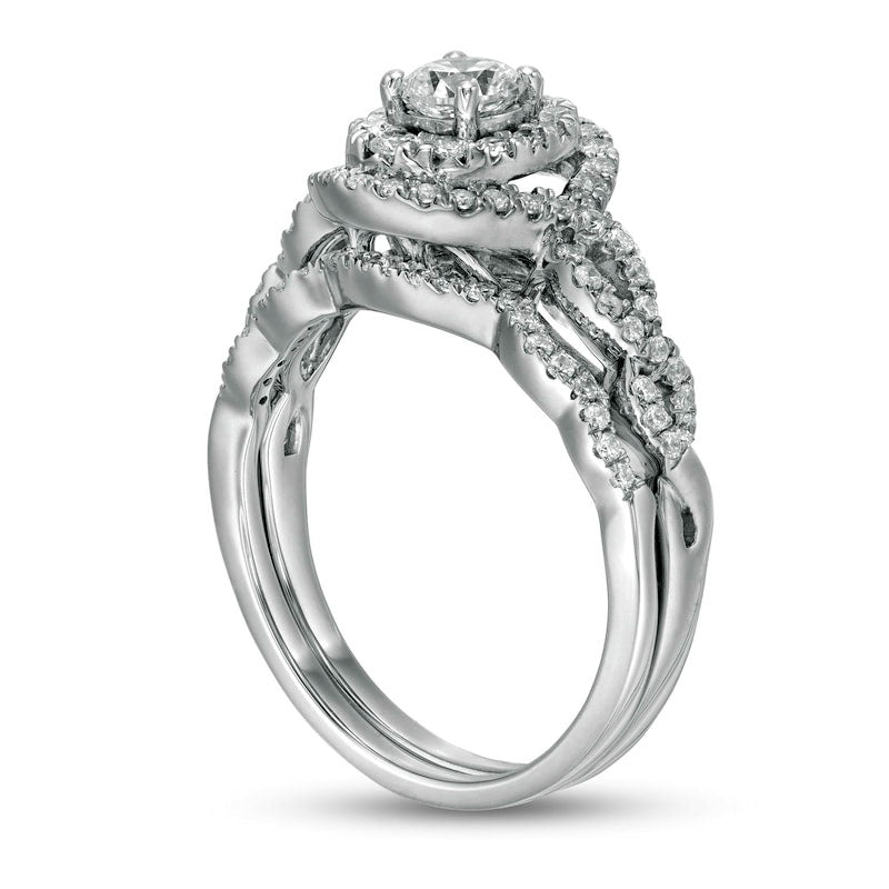 1.0 CT. T.W. Natural Diamond Double Oval Frame Twist Shank Bridal Engagement Ring Set in Solid 10K White Gold