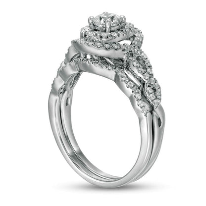 1.0 CT. T.W. Natural Diamond Double Oval Frame Twist Shank Bridal Engagement Ring Set in Solid 10K White Gold