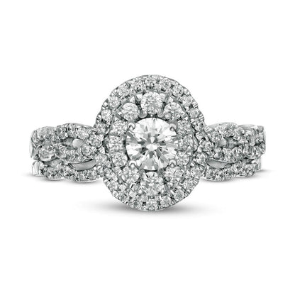 1.0 CT. T.W. Natural Diamond Double Oval Frame Twist Shank Bridal Engagement Ring Set in Solid 10K White Gold
