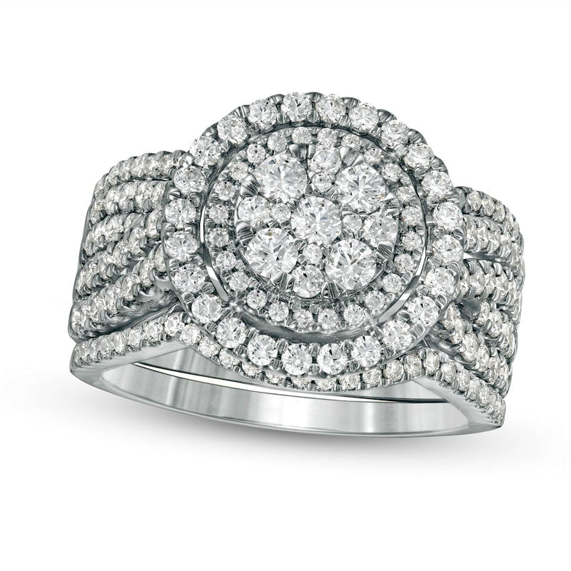 1.5 CT. T.W. Composite Natural Diamond Double Frame Multi-Row Three Piece Bridal Engagement Ring Set in Solid 10K White Gold