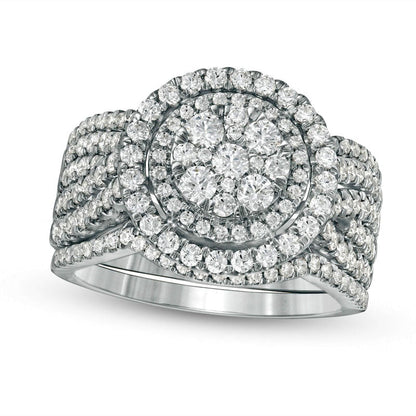 1.5 CT. T.W. Composite Natural Diamond Double Frame Multi-Row Three Piece Bridal Engagement Ring Set in Solid 10K White Gold