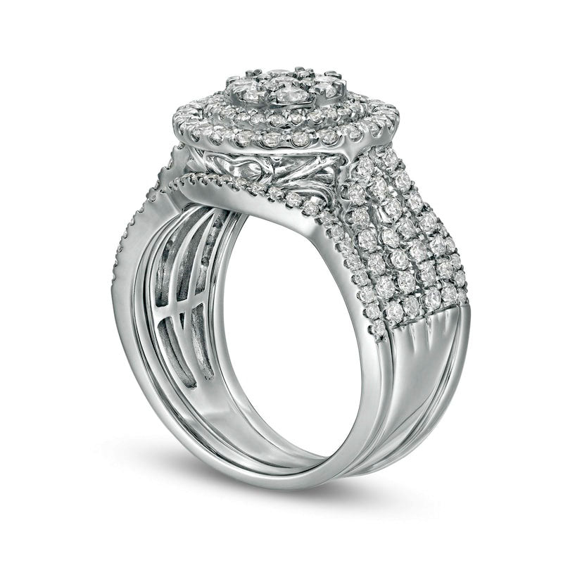 1.5 CT. T.W. Composite Natural Diamond Double Frame Multi-Row Three Piece Bridal Engagement Ring Set in Solid 10K White Gold