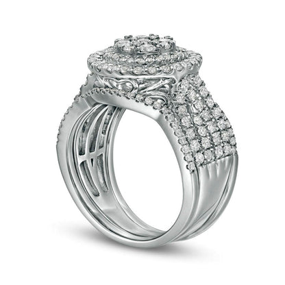 1.5 CT. T.W. Composite Natural Diamond Double Frame Multi-Row Three Piece Bridal Engagement Ring Set in Solid 10K White Gold