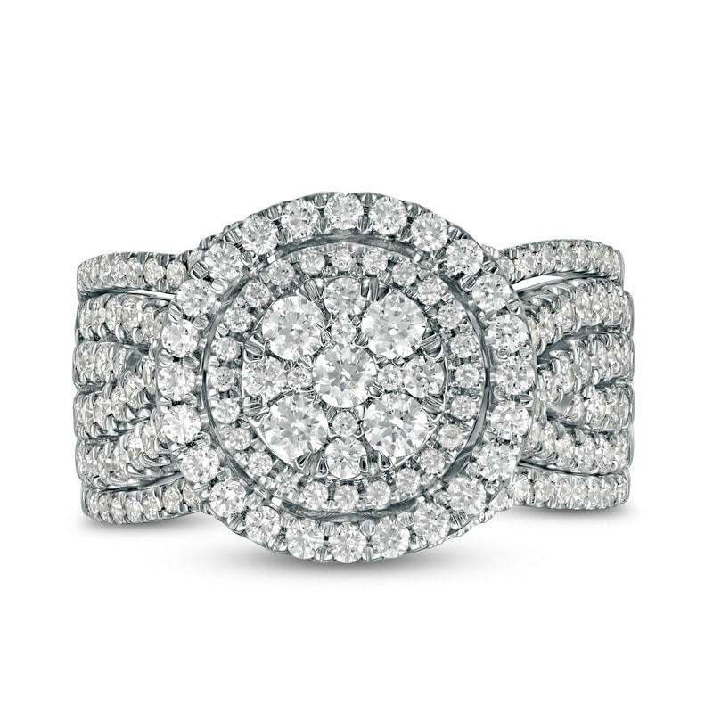 1.5 CT. T.W. Composite Natural Diamond Double Frame Multi-Row Three Piece Bridal Engagement Ring Set in Solid 10K White Gold