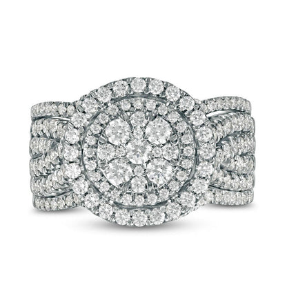 1.5 CT. T.W. Composite Natural Diamond Double Frame Multi-Row Three Piece Bridal Engagement Ring Set in Solid 10K White Gold