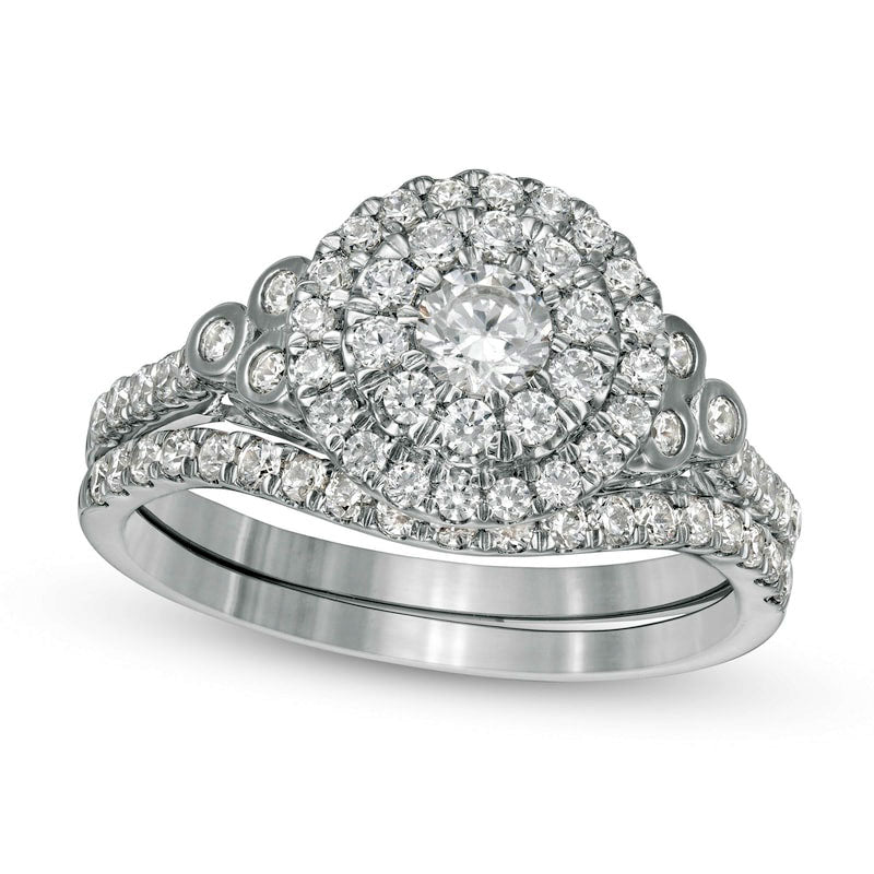 1.0 CT. T.W. Natural Diamond Double Frame Tri-Sides Bridal Engagement Ring Set in Solid 10K White Gold