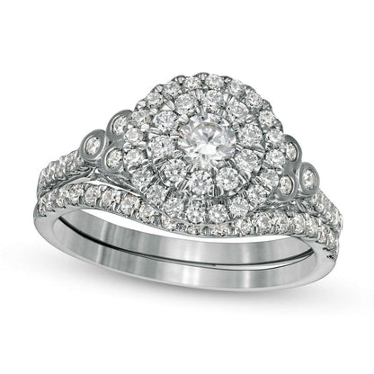 1.0 CT. T.W. Natural Diamond Double Frame Tri-Sides Bridal Engagement Ring Set in Solid 10K White Gold