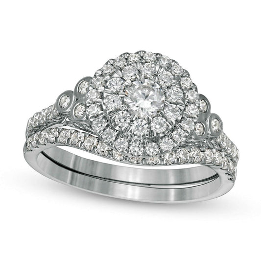 1.0 CT. T.W. Natural Diamond Double Frame Tri-Sides Bridal Engagement Ring Set in Solid 10K White Gold