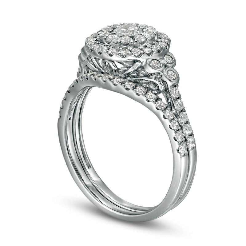 1.0 CT. T.W. Natural Diamond Double Frame Tri-Sides Bridal Engagement Ring Set in Solid 10K White Gold