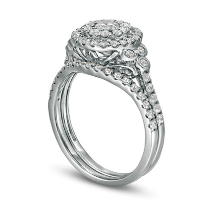 1.0 CT. T.W. Natural Diamond Double Frame Tri-Sides Bridal Engagement Ring Set in Solid 10K White Gold