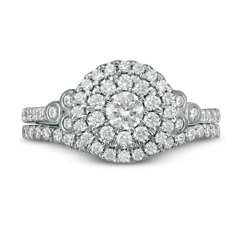 1.0 CT. T.W. Natural Diamond Double Frame Tri-Sides Bridal Engagement Ring Set in Solid 10K White Gold