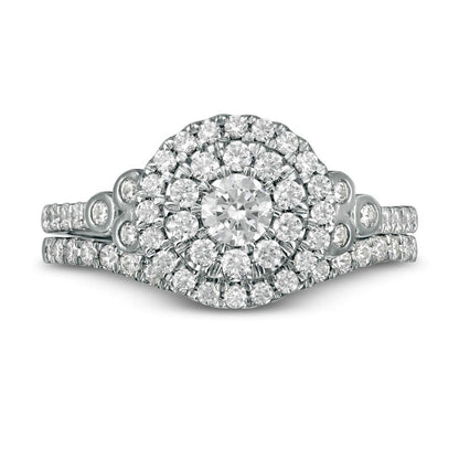 1.0 CT. T.W. Natural Diamond Double Frame Tri-Sides Bridal Engagement Ring Set in Solid 10K White Gold