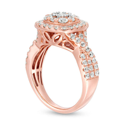 1.63 CT. T.W. Natural Diamond Double Cushion Frame Twist Shank Engagement Ring in Solid 10K Rose Gold