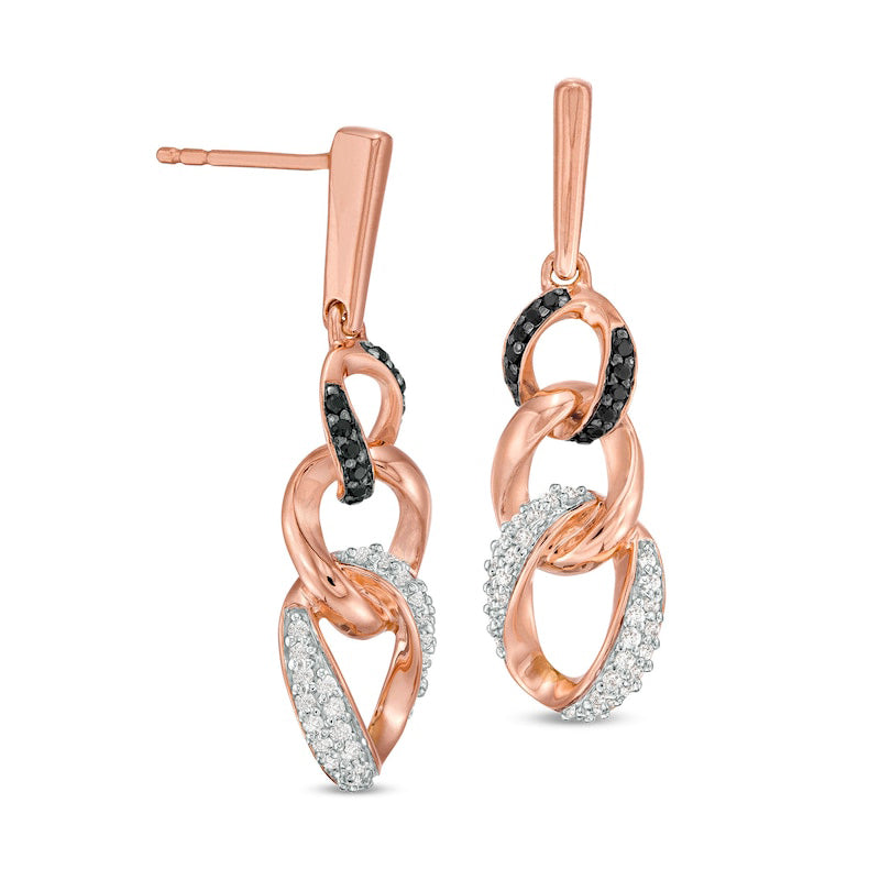 0.33 CT. T.W. Enhanced Black and White Diamond Graduated Three Link Chain Drop Earrings in 10K Rose Gold