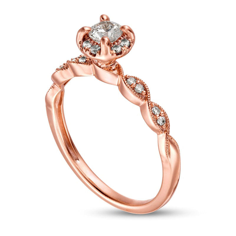 0.50 CT. T.W. Natural Diamond Frame Scallop-Edge Antique Vintage-Style Engagement Ring in Solid 14K Rose Gold