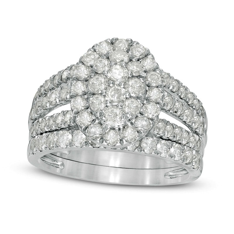 2.0 CT. T.W. Composite Natural Diamond Double Oval Frame Multi-Row Bridal Engagement Ring Set in Solid 10K White Gold