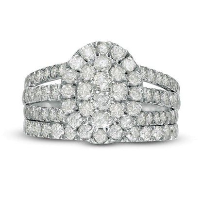 2.0 CT. T.W. Composite Natural Diamond Double Oval Frame Multi-Row Bridal Engagement Ring Set in Solid 10K White Gold