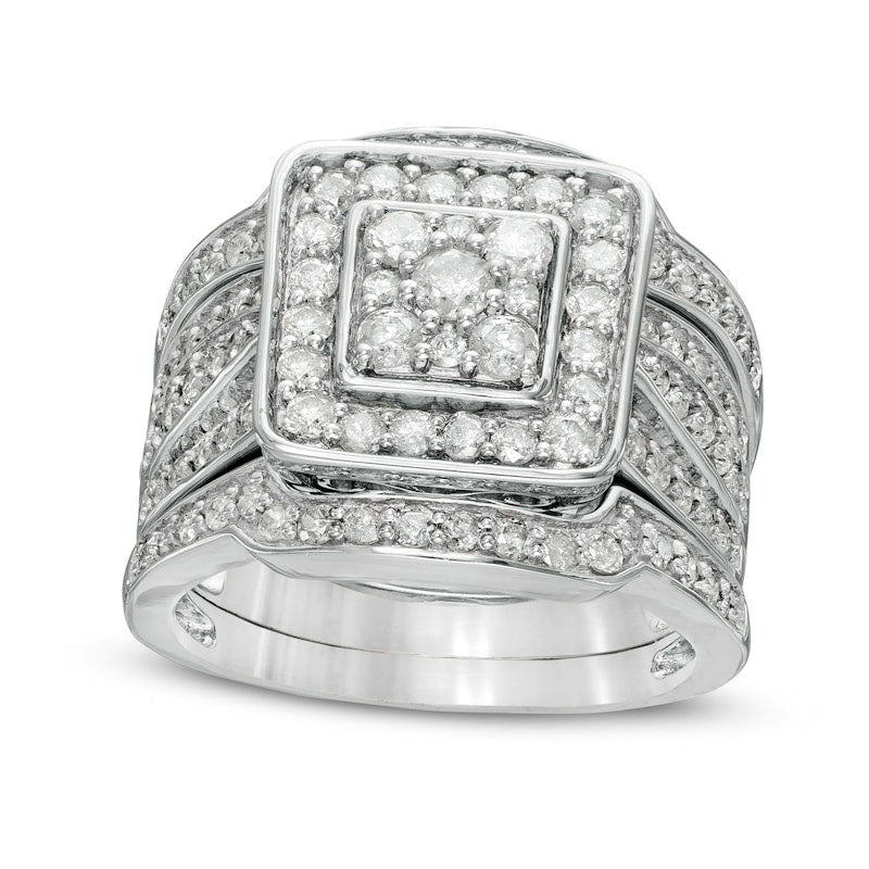 1.5 CT. T.W. Composite Natural Diamond Cushion Frame Multi-Row Three Piece Bridal Engagement Ring Set in Solid 10K White Gold