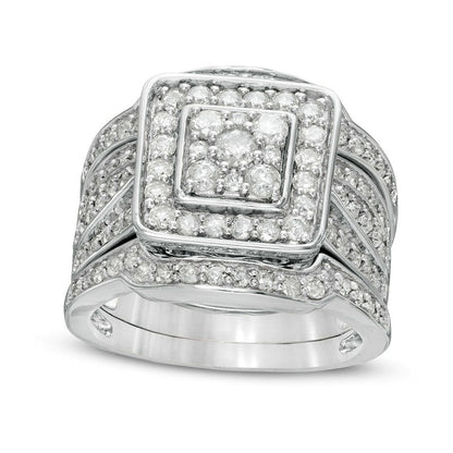 1.5 CT. T.W. Composite Natural Diamond Cushion Frame Multi-Row Three Piece Bridal Engagement Ring Set in Solid 10K White Gold