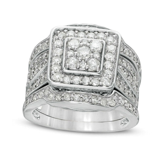 1.5 CT. T.W. Composite Natural Diamond Cushion Frame Multi-Row Three Piece Bridal Engagement Ring Set in Solid 10K White Gold
