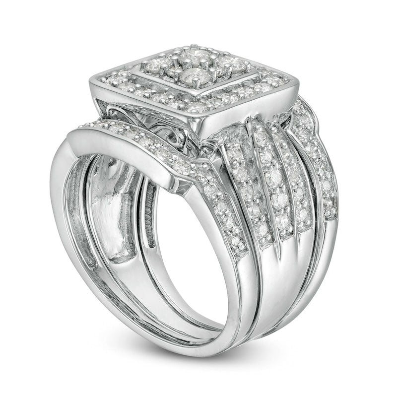 1.5 CT. T.W. Composite Natural Diamond Cushion Frame Multi-Row Three Piece Bridal Engagement Ring Set in Solid 10K White Gold