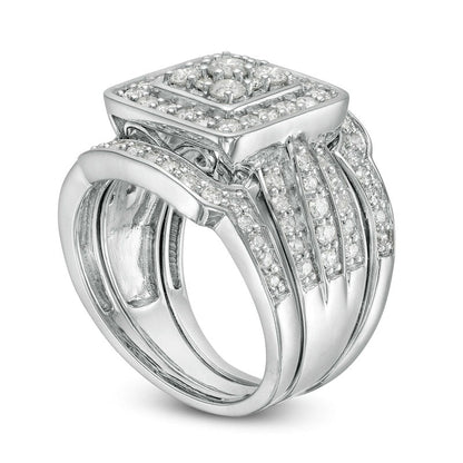 1.5 CT. T.W. Composite Natural Diamond Cushion Frame Multi-Row Three Piece Bridal Engagement Ring Set in Solid 10K White Gold