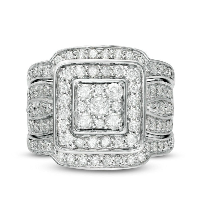 1.5 CT. T.W. Composite Natural Diamond Cushion Frame Multi-Row Three Piece Bridal Engagement Ring Set in Solid 10K White Gold