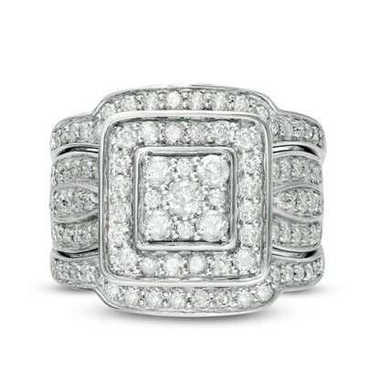 1.5 CT. T.W. Composite Natural Diamond Cushion Frame Multi-Row Three Piece Bridal Engagement Ring Set in Solid 10K White Gold