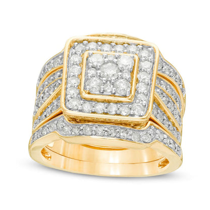 1.5 CT. T.W. Composite Natural Diamond Cushion Frame Multi-Row Three Piece Bridal Engagement Ring Set in Solid 10K Yellow Gold