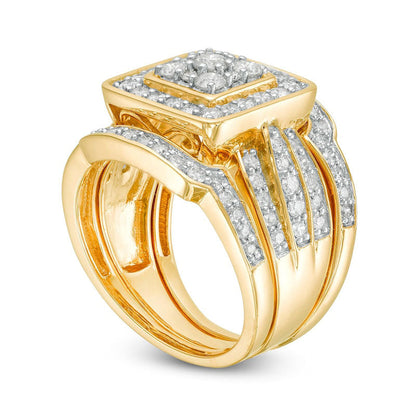 1.5 CT. T.W. Composite Natural Diamond Cushion Frame Multi-Row Three Piece Bridal Engagement Ring Set in Solid 10K Yellow Gold