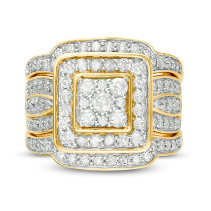 1.5 CT. T.W. Composite Natural Diamond Cushion Frame Multi-Row Three Piece Bridal Engagement Ring Set in Solid 10K Yellow Gold