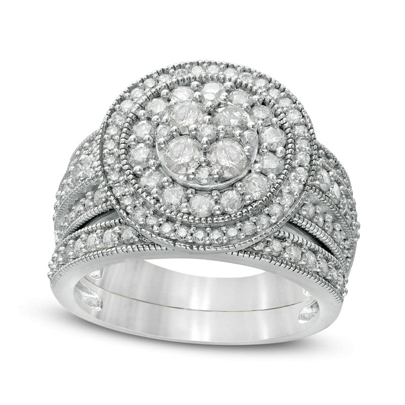 1.5 CT. T.W. Composite Natural Diamond Double Frame Multi-Row Antique Vintage-Style Bridal Engagement Ring Set in Solid 10K White Gold