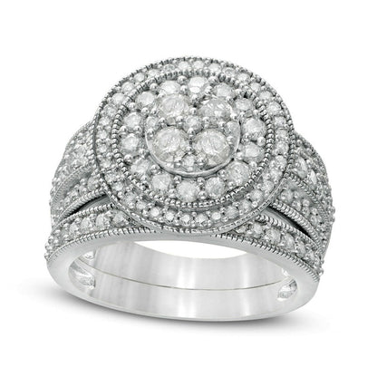 1.5 CT. T.W. Composite Natural Diamond Double Frame Multi-Row Antique Vintage-Style Bridal Engagement Ring Set in Solid 10K White Gold