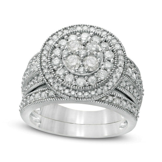 1.5 CT. T.W. Composite Natural Diamond Double Frame Multi-Row Antique Vintage-Style Bridal Engagement Ring Set in Solid 10K White Gold